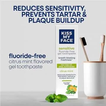 Kiss My Face Sensitive Toothpaste Gel, Citrus Mint Gel, Protection for Sensitive Teeth and Gums, with Tea Tree Oil, Aloe and Iceland Moss, Fluoride Free, Vegan, 4.5 oz, 3 Pack