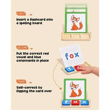 JoyCat Wooden Short Vowel Reading Letters Sorting Spelling Games with Storage Box, CVC Sight Words L...