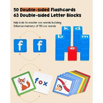 JoyCat Wooden Short Vowel Reading Letters Sorting Spelling Games with Storage Box, CVC Sight Words Learning Flashcards Alphabet Puzzle Montessori Educational Toy Gift for Kids 3 4 5 Years Old