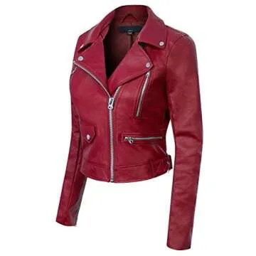 Design by Olivia Women's Long Sleeve Zipper Closure Moto Biker Faux Leather Jacket Burgundy M