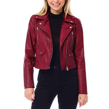 Faux Leather Moto Biker Jacket by Design by Olivia - Burgundy