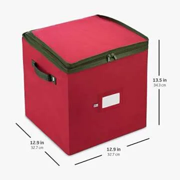 ZOBER Christmas Ornament Storage Box - Stores 64 Ornaments W/Dual Zippers - Non-Woven, Tear- Proof Christmas Ornament Storage Containers - 3 Inch Cube Compartments - Red