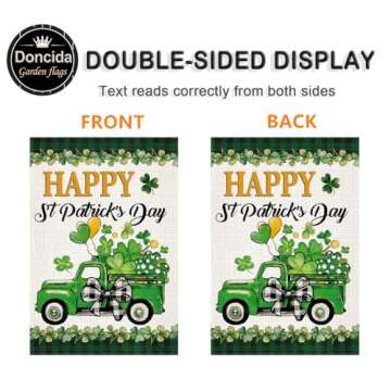 Doncida St Patricks Day Shamrocks Truck Garden Flag 12x18 Inch Double Sided, Burlap Lawn Buffalo Pla...