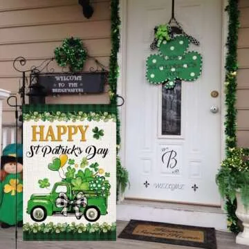 Doncida St Patricks Day Shamrocks Truck Garden Flag 12x18 Inch Double Sided, Burlap Lawn Buffalo Plaid Yard Flag for Outside Decoration