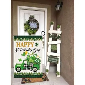 Doncida St Patricks Day Shamrocks Truck Garden Flag 12x18 Inch Double Sided, Burlap Lawn Buffalo Plaid Yard Flag for Outside Decoration