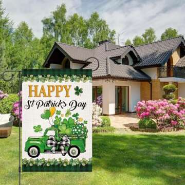 Doncida St Patricks Day Shamrocks Truck Garden Flag 12x18 Inch Double Sided, Burlap Lawn Buffalo Plaid Yard Flag for Outside Decoration
