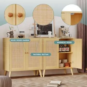EOYUTLLY Sideboard Buffet Cabinet, Kitchen Buffet Storage Cabinet with Rattan Doors, Accent Cabinet with Adjustable Shelves for Hallway,Kitchen,Living Room, 31.5 x 15.7 x 35 Natural, Assemble Easily