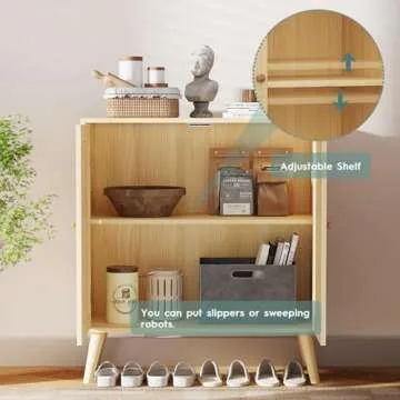 EOYUTLLY Sideboard Buffet Cabinet, Kitchen Buffet Storage Cabinet with Rattan Doors, Accent Cabinet with Adjustable Shelves for Hallway,Kitchen,Living Room, 31.5 x 15.7 x 35 Natural, Assemble Easily