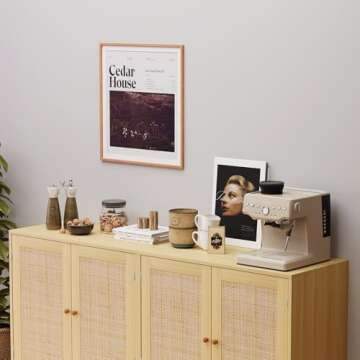 EOYUTLLY Sideboard Buffet Cabinet, Kitchen Buffet Storage Cabinet with Rattan Doors, Accent Cabinet with Adjustable Shelves for Hallway,Kitchen,Living Room, 31.5 x 15.7 x 35 Natural, Assemble Easily