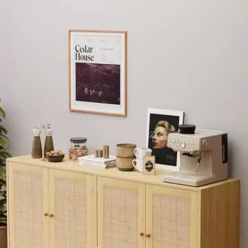 EOYUTLLY Sideboard Buffet Cabinet, Kitchen Buffet Storage Cabinet with Rattan Doors, Accent Cabinet with Adjustable Shelves for Hallway,Kitchen,Living Room, 31.5 x 15.7 x 35 Natural, Assemble Easily