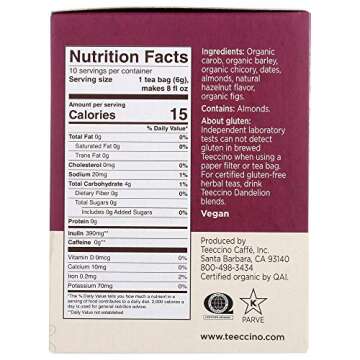 Teeccino Herbal Tea Variety Pack - Vanilla Nut, Hazelnut, Maca Chocolaté, French Roast - Roasted He...