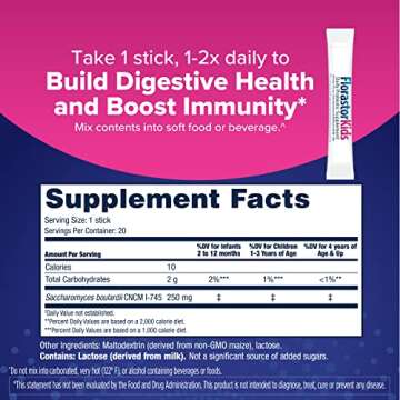 Florastor Kids Dual Action Probiotic Supplement, Strengthens Kids' Digestive & Immune Health, 20 Easy-to Mix Powder Sticks, Packaging May Vary