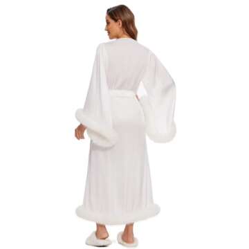 Women Sexy Feathers Collar Perspective Sheer Long Lingerie Robe Nightgown Bathrobe Pajamas Sleepwear (Red, XL)