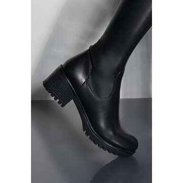 AZALEA WANG Faux Leather Stretch Thigh High Chunky Heel Lug Sole Combat Boots-BLACK PU_7.5