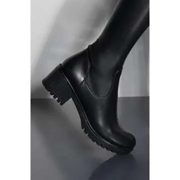 AZALEA WANG Faux Leather Stretch Thigh High Chunky Heel Lug Sole Combat Boots-BLACK PU_7.5