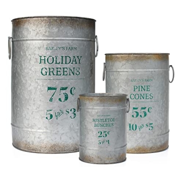 AuldHome Design Christmas Galvanized Greenery Buckets (Set of 3), Large, Medium, & Small Metal Farmhouse Decor Galvanized Cans w/Holiday Pine Motif