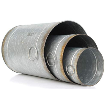 AuldHome Design Christmas Galvanized Greenery Buckets (Set of 3), Large, Medium, & Small Metal Farmhouse Decor Galvanized Cans w/Holiday Pine Motif