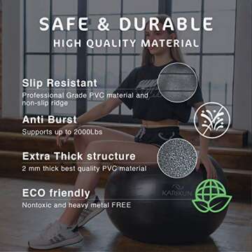KARIKUN Exercise Ball, 65cm Yoga Ball, Medicine Ball Chair for Fitness - Stability Balance Pilates Core & Workout with Quick Pump - Upgraded Anti Burst Slip Resistance - Home Gym Office Chair
