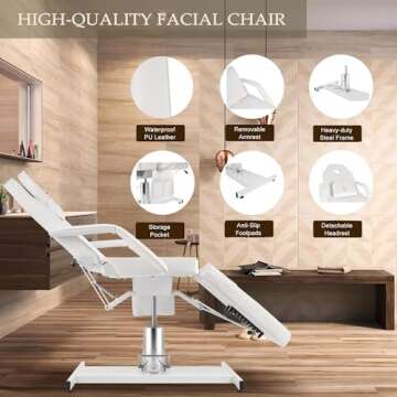 LUXMARS Facial Chair Hydraulic Tattoo Chair Adjustable Height Swivel Beauty Spa Bed for Extensions with Hydraulic Stool White