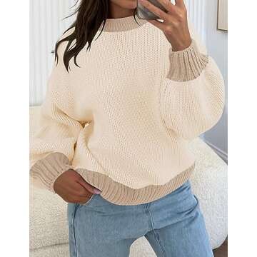ZESICA Women's Casual Long Sleeve Crew Neck Pullover 2025 Spring Ribbed Knit Loose Contrast Color Sweater Tops,Apricot,Small