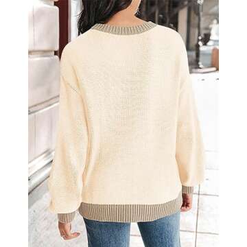 ZESICA Women's Casual Long Sleeve Crew Neck Pullover 2025 Spring Ribbed Knit Loose Contrast Color Sweater Tops,Apricot,Small