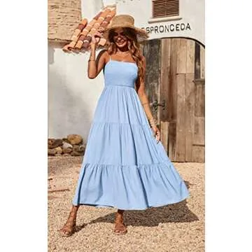 PRETTYGARDEN Women's Summer Maxi Dress 2025 Casual Boho Sleeveless Spaghetti Strap Smocked Tiered Long Beach Sun Dresses (Blue,S)
