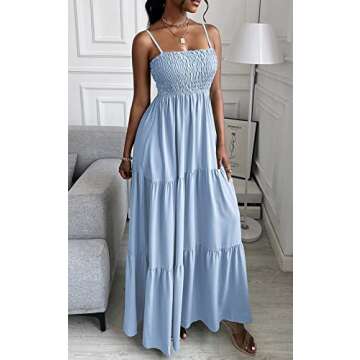 PRETTYGARDEN Women's Summer Maxi Dress 2025 Casual Boho Sleeveless Spaghetti Strap Smocked Tiered Long Beach Sun Dresses (Blue,S)