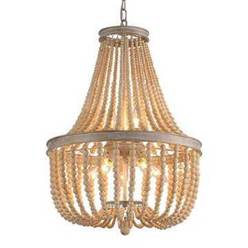 Q&S Farmhouse Wood Beaded Chandelier: 8-Lights Retro Vintage Pendant Light Fixture