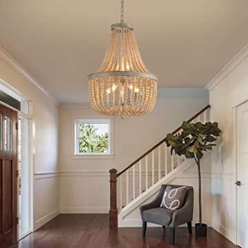 Q&S Farmhouse Wood Beaded Chandelier for Elegant Lighting