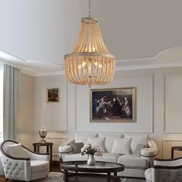 Q&S Farmhouse Wood Beaded Chandelier for Elegant Lighting