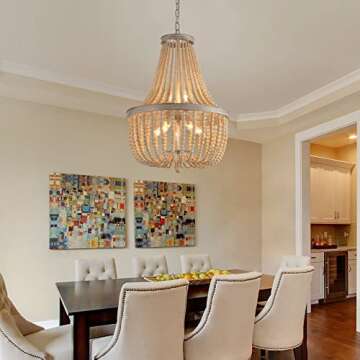 Q&S Farmhouse Wood Beaded Chandelier for Elegant Lighting