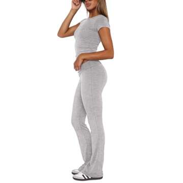 REORIA Women's Summer Casual Outfits Pajama Sets Crew Neck Short Sleeve Crop Top Fold Over Flare Pan...