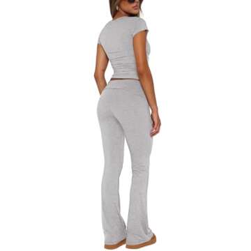 REORIA Women's Summer Casual Outfits Pajama Sets Crew Neck Short Sleeve Crop Top Fold Over Flare Pants Y2K Soft 2 Piece matching Lounge Sets Light Heather Grey Large