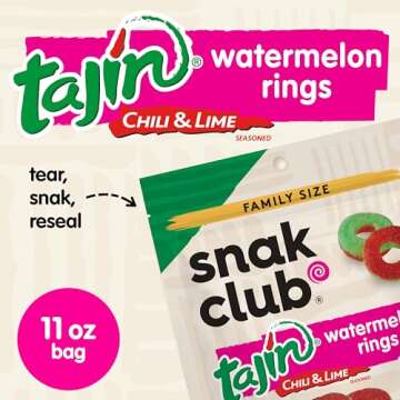 Snak Club Watermelon Rings, Tajin Chili & Lime Seasoned, Sweet and Spicy Gummy Candy, Mild in Heat B...