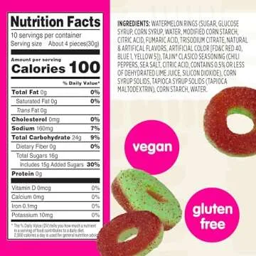 Snak Club Watermelon Rings, Tajin Chili & Lime Seasoned, Sweet and Spicy Gummy Candy, Mild in Heat Bold in Flavor, Low-Fat, Vegan, Gluten-Free Snack, Family Size, 11 Ounce