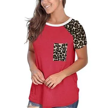 Topstype Womens Short Sleeve Tops Crew Neck Casual Leopard Shirts with Pocket Tee