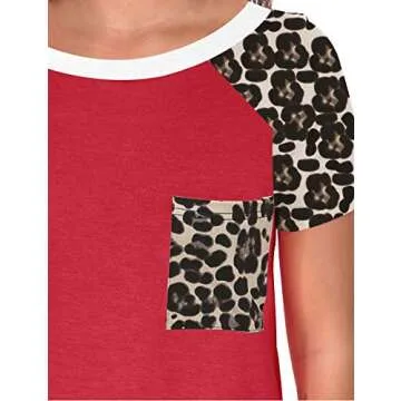 Topstype Womens Short Sleeve Tops Crew Neck Casual Leopard Shirts with Pocket Tee