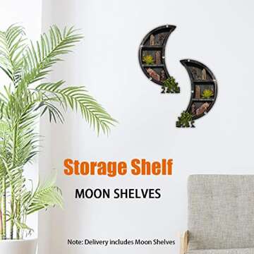 CALIDAKA 2Pcs Moon Shelves Crescent Moon Shelf Wall Mounted Wooden Crystal Moon Floating Shelves Hanging Storage Disaplay Shelf Moon Wall Decor for Living Room Bedroom Bathroom Kitchen