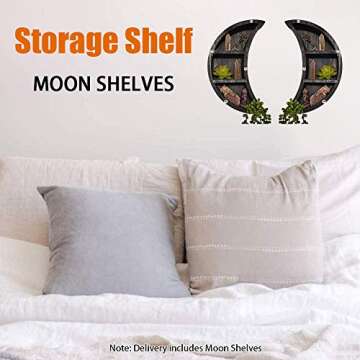 CALIDAKA 2Pcs Moon Shelves Crescent Moon Shelf Wall Mounted Wooden Crystal Moon Floating Shelves Hanging Storage Disaplay Shelf Moon Wall Decor for Living Room Bedroom Bathroom Kitchen