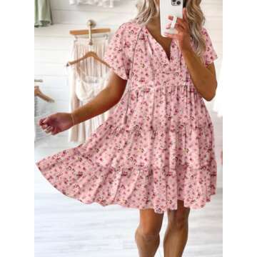 Dokotoo Womens V Neck Flowy Dresses Cute Summer Floral Print Short Sleeve A-Line Boho Mini Dress wit...