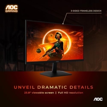 AOC 24G15N 24" Gaming Monitor, Full HD 1920x1080, 180Hz 1ms, 1x HDMI 2.0, 1x Display Port, Adaptive-Sync, 3-Sided Frameless, HDR Ready, Console Gaming Ready, 3-Year Zero-Bright-Dot