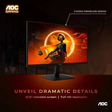 AOC 24G15N 24" Gaming Monitor, Full HD 1920x1080, 180Hz 1ms, 1x HDMI 2.0, 1x Display Port, Adaptive-Sync, 3-Sided Frameless, HDR Ready, Console Gaming Ready, 3-Year Zero-Bright-Dot