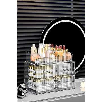 ZHIAI Stackable Storage Drawers, Acrylic Bathroom Counter Organizer Clear Makeup Organizers for Vanity, Kitchen Cabinets, Bathroom, Undersink, Home Organization and Storage (1 Top 4 Drawers D)