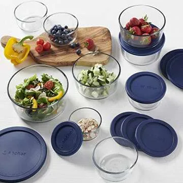 Anchor Hocking 18 Piece Glass Storage Containers with Lids (9 Glass Food Storage Containers & 9 Navy Blue SnugFit Lids)