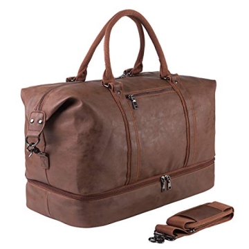 Leather Travel Bag with Shoe Pouch,Weekender Overnight Bag Waterproof PU Leather Large Carry On Bag Travel Tote Duffel Bag for Men or Women-Brown