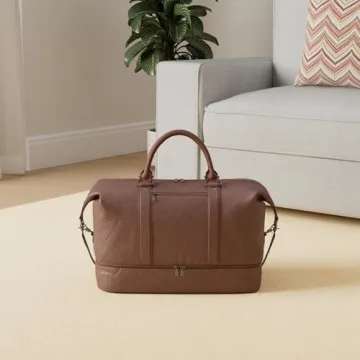Leather Travel Bag with Shoe Pouch,Weekender Overnight Bag Waterproof PU Leather Large Carry On Bag Travel Tote Duffel Bag for Men or Women-Brown