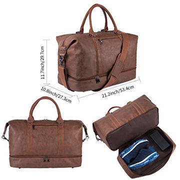 Leather Travel Bag with Shoe Pouch,Weekender Overnight Bag Waterproof PU Leather Large Carry On Bag Travel Tote Duffel Bag for Men or Women-Brown