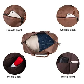 Leather Travel Bag with Shoe Pouch,Weekender Overnight Bag Waterproof PU Leather Large Carry On Bag Travel Tote Duffel Bag for Men or Women-Brown