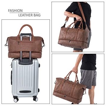 Leather Travel Bag with Shoe Pouch,Weekender Overnight Bag Waterproof PU Leather Large Carry On Bag Travel Tote Duffel Bag for Men or Women-Brown