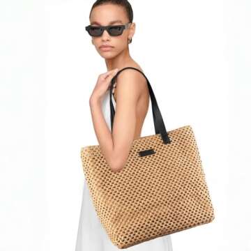 YXILEE Straw Bag for Women - Large Straw Beach Tote Bag - Handmade Foldable Zipper Woven Shoulder Ba...